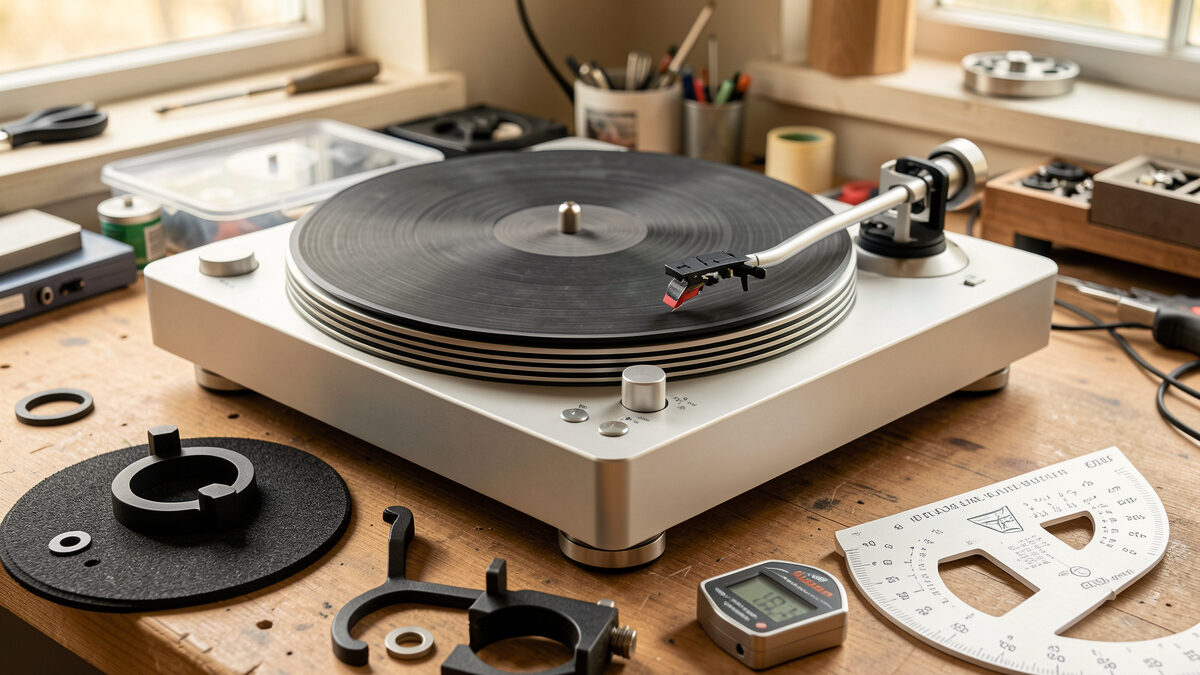 Turntable on a workbench surrounded by upgrade parts including a platter mat, record clamp and stylus force gauge