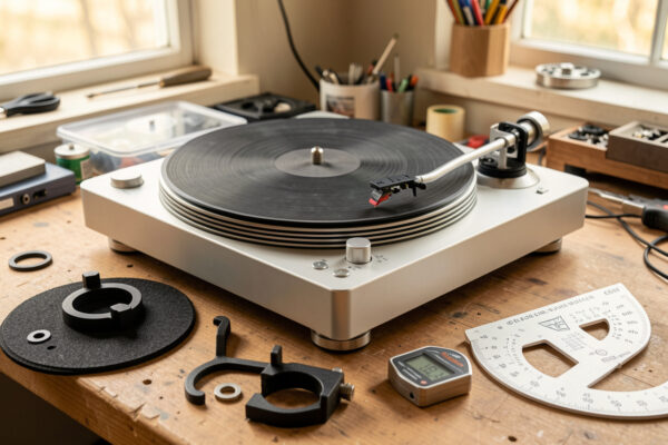 Turntable on a workbench surrounded by upgrade parts including a platter mat, record clamp and stylus force gauge