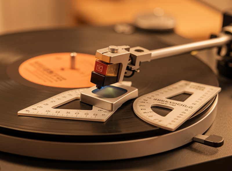 Digital stylus tracking-force gauge on a turntable platter beside a two-point alignment protractor