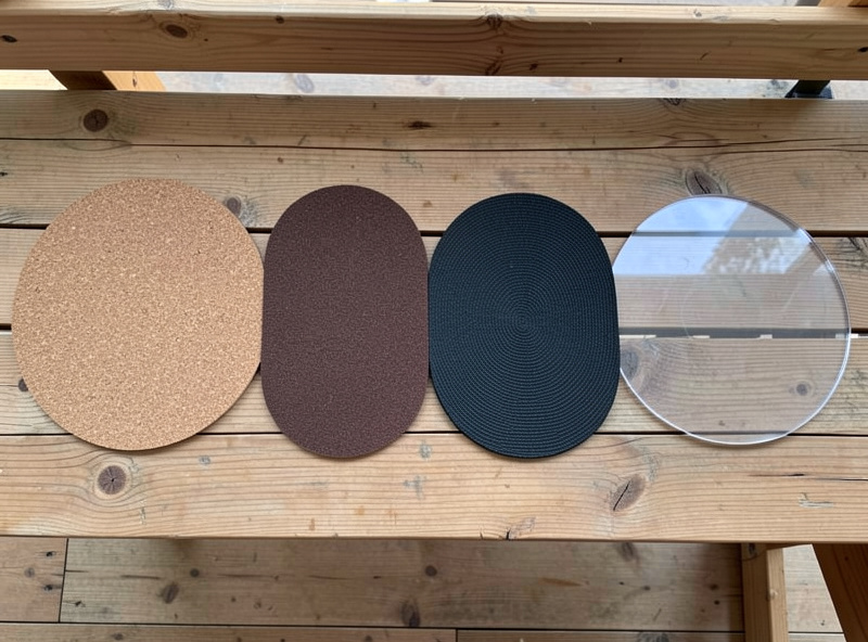 Cork, felt, rubber and acrylic turntable platter mats laid out side by side on a wooden bench