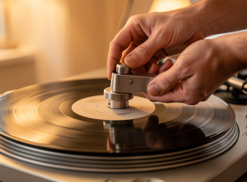 Hands placing a stainless steel record weight clamp onto a turntable spindle while a record spins