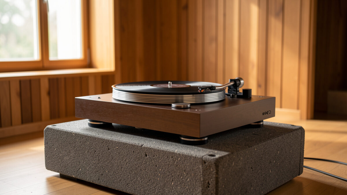 Turntable on a mass-loaded isolation platform in a listening room