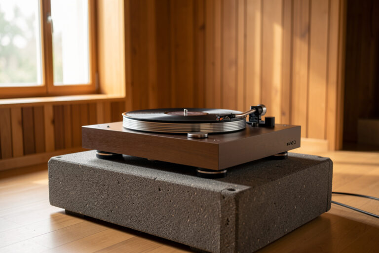 Turntable on a mass-loaded isolation platform in a listening room