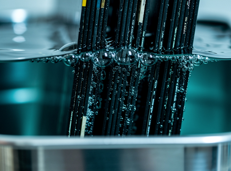 Vinyl records partially submerged in an ultrasonic cleaning tank with fine bubbles in the water