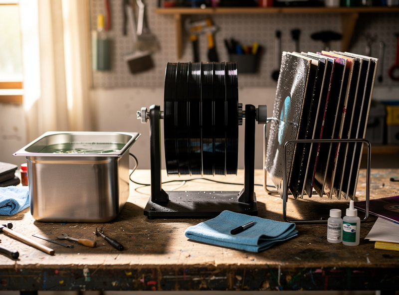 A DIY ultrasonic record cleaning setup with a tank, motor spindle, and records drying on a rack