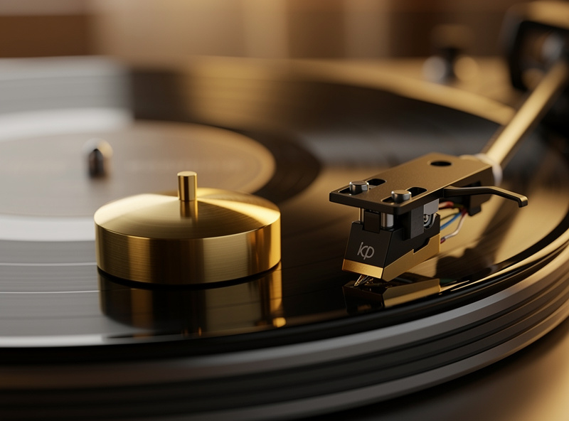 Precision-machined brass record weight on turntable spindle, vinyl record playing, tonearm and cartridge visible, warm listening room light