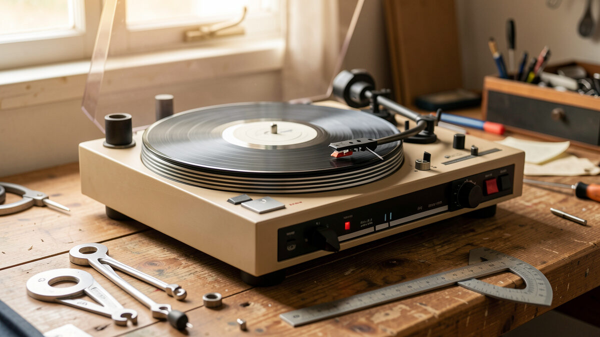 Vintage belt-drive turntable on a workbench surrounded by alignment tools