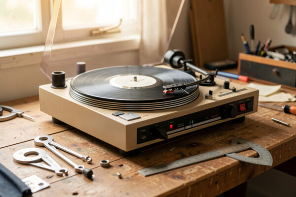 Vintage belt-drive turntable on a workbench surrounded by alignment tools