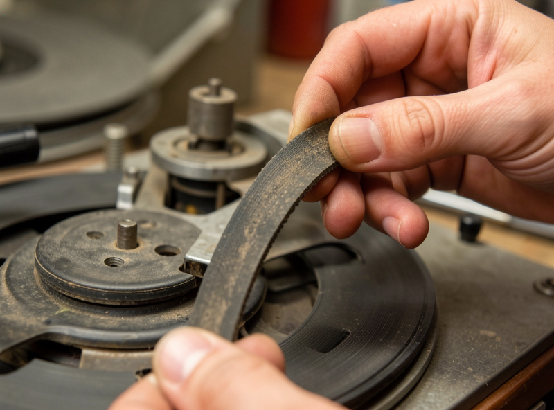 Hands lifting a perished rubber drive belt off a vintage turntable motor pulley