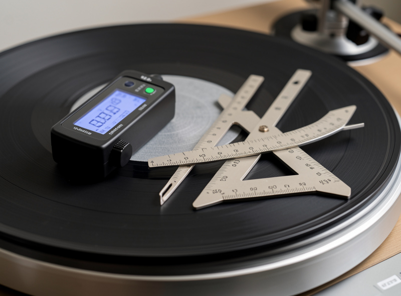 Digital stylus force gauge and two-point alignment protractor on a turntable platter