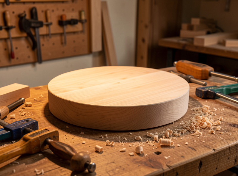 Solid wood turntable plinth blank on a workshop bench with woodworking tools