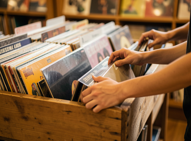 Hands flipping through vinyl records in a record store crate under warm light