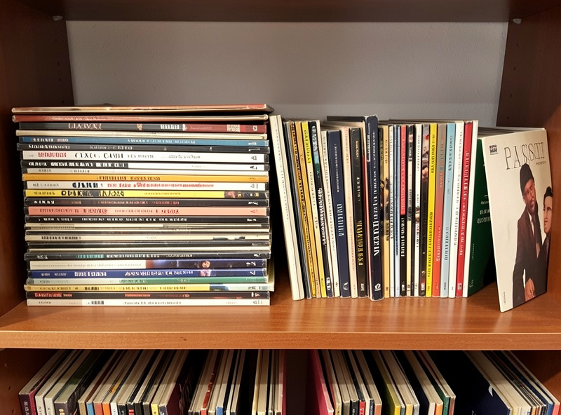 Stack of vinyl records spanning jazz, classical and rock genres on a shelf