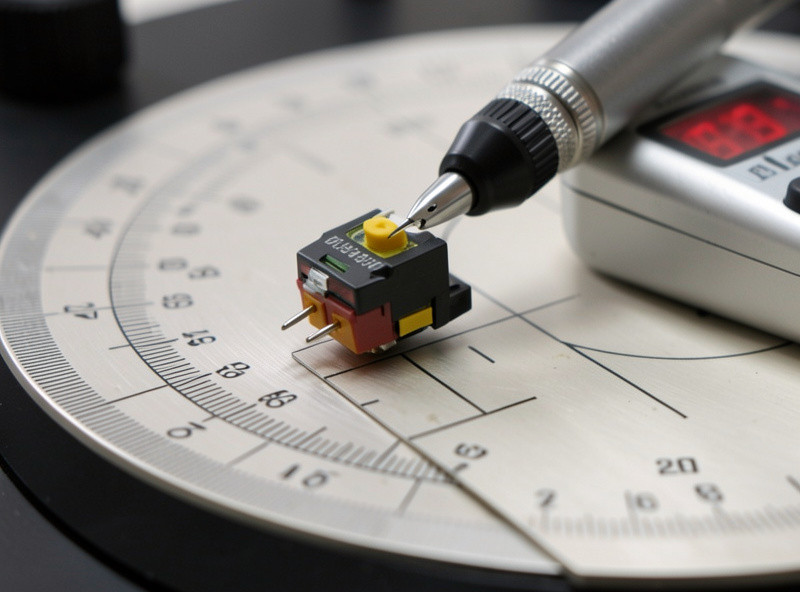 Turntable with a cartridge being aligned on a protractor next to a stylus force gauge