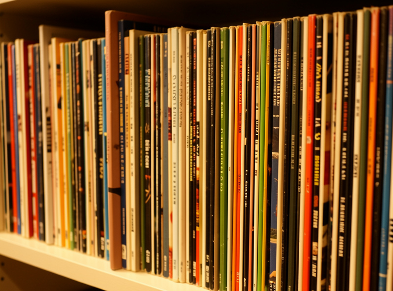 Vinyl LP records stored upright in a row on a shelf, showing proper vertical storage