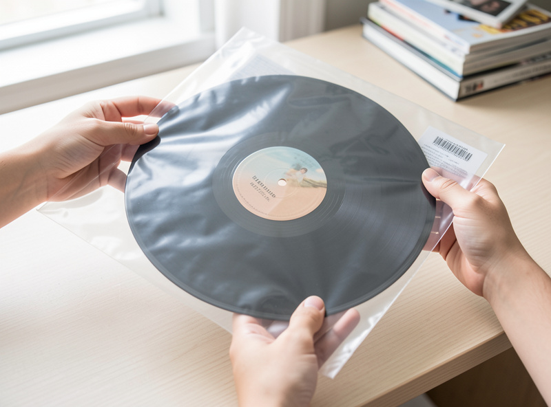 A vinyl record jacket being slipped into a clear protective outer sleeve
