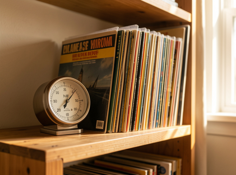 A hygrometer beside stored vinyl records away from a sunlit window