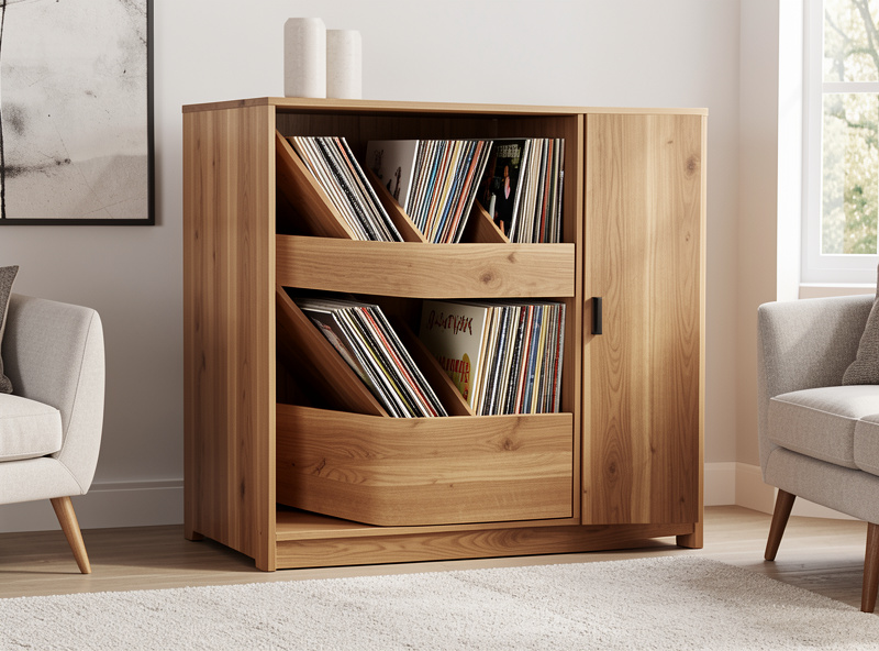 A purpose-built wooden record storage cabinet with records in angled browsing bins