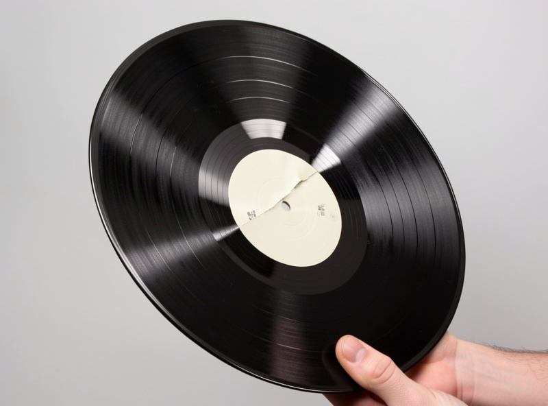 A dished, warped vinyl record showing a bowl-shaped warp from flat stacking