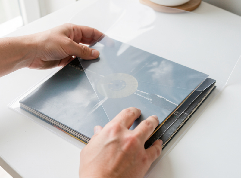 Hands sliding a thick gatefold double album into a wide clear outer sleeve