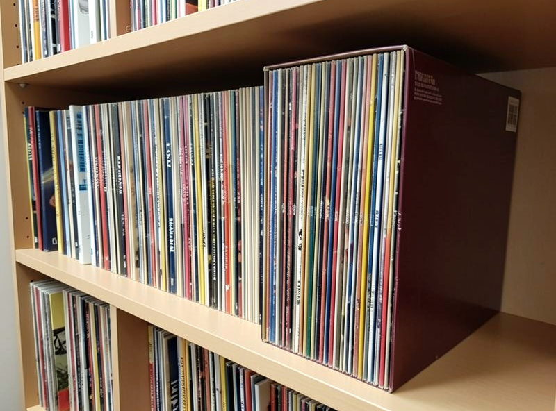 A thick vinyl box set placed at the end of a row of records on its own shelf