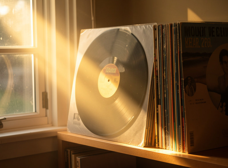 Vinyl records on a shelf sitting in direct sunlight through a window