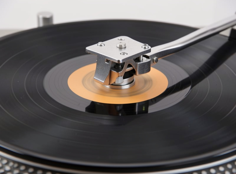 A record weight clamp on a turntable spindle pressing a record flat on the platter
