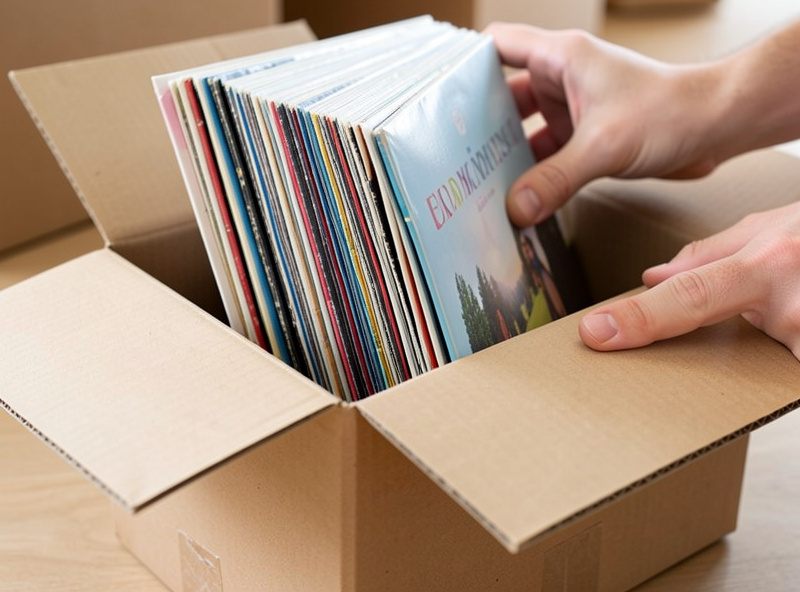 Hands placing vinyl records upright into a small cardboard box for moving