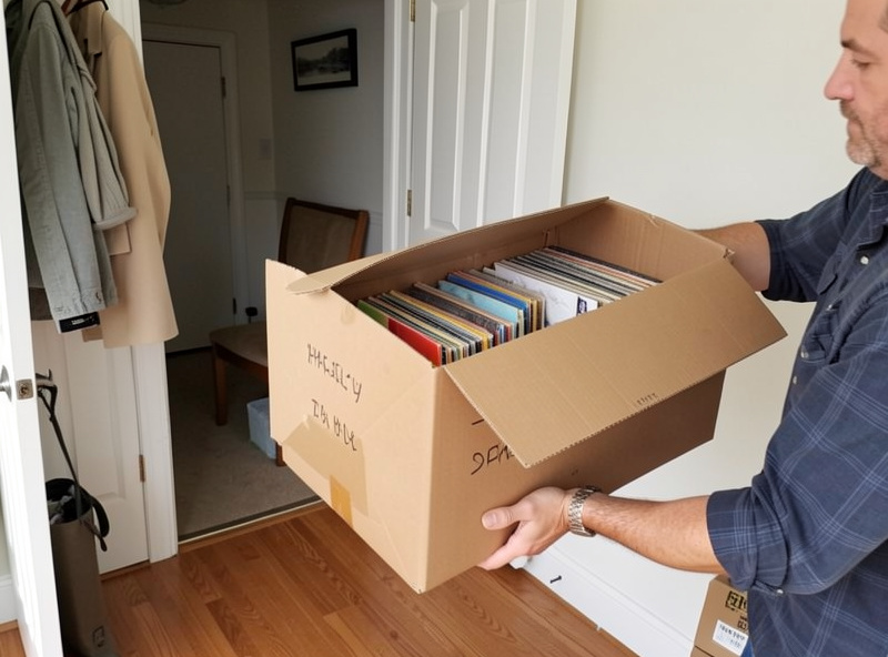 A person carrying a labeled box of records into a house on moving day