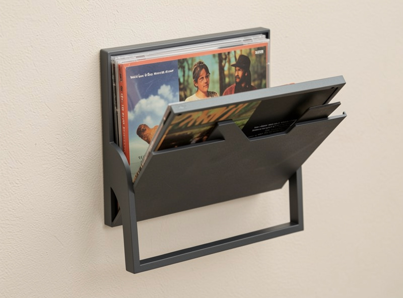 A flip-frame on a wall holding a vinyl album cover, front flipped open to swap albums