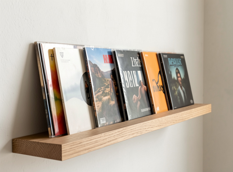 A narrow wall display ledge holding several vinyl album covers leaning face-out