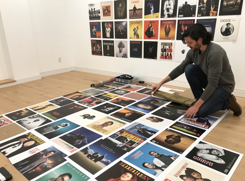 Album covers laid out on the floor in a grid being planned before hanging