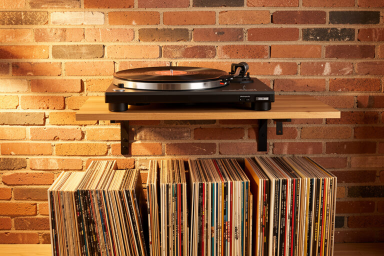 Turntable on a wall-mounted isolation shelf above a record collection