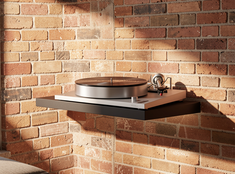 Turntable on a wall-mounted isolation shelf bolted to a solid brick wall