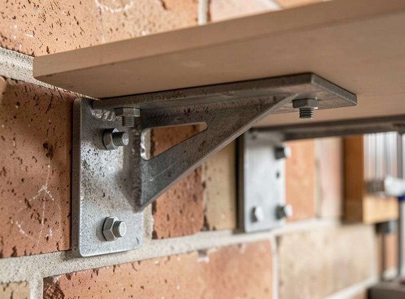 Steel bracket fixing a turntable isolation shelf into masonry with expansion anchors