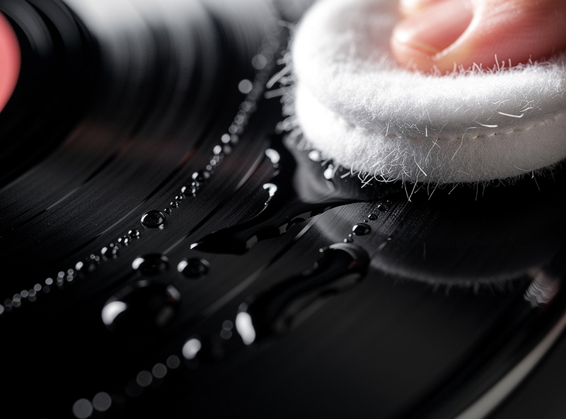 Record cleaning fluid being applied to the grooves of a vinyl record with a microfiber pad