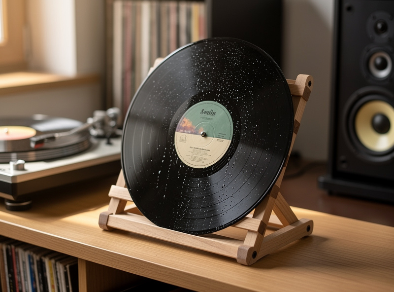A vinyl record drying upright on a wooden drying rack after wet cleaning