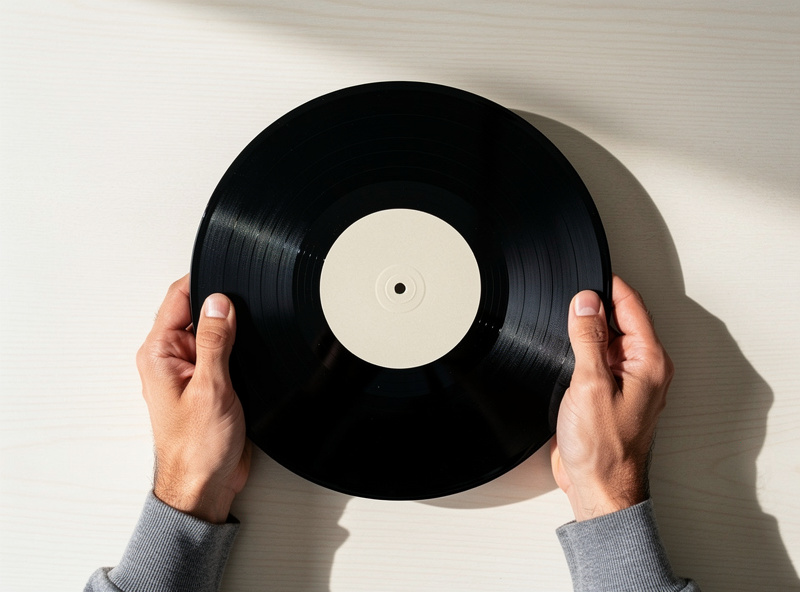 Hands holding a vinyl record by the edges and label demonstrating correct handling
