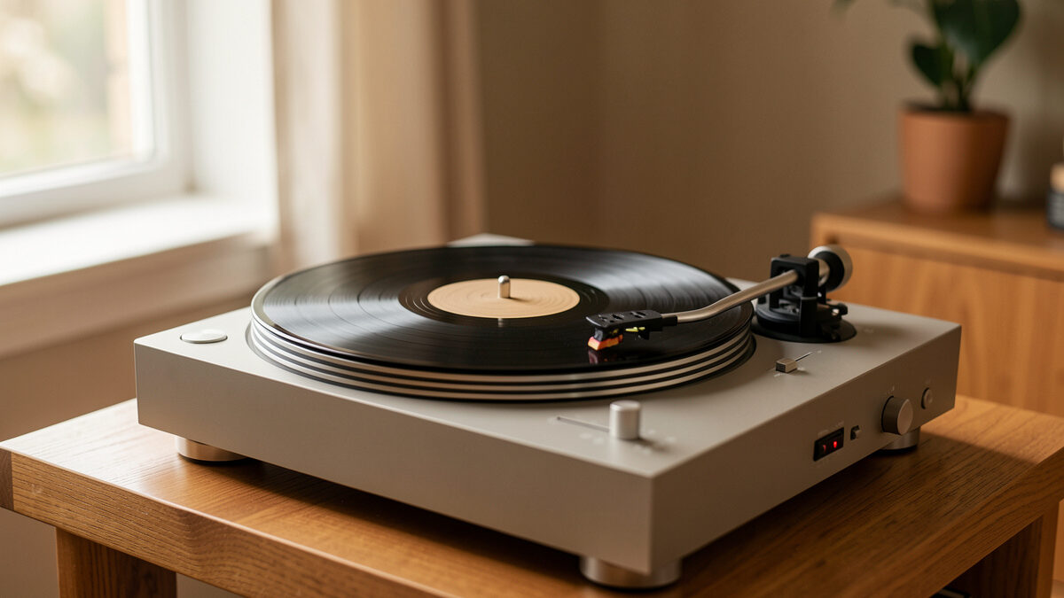 Turntable tracking a record in a home listening room