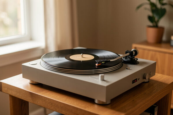 Turntable tracking a record in a home listening room