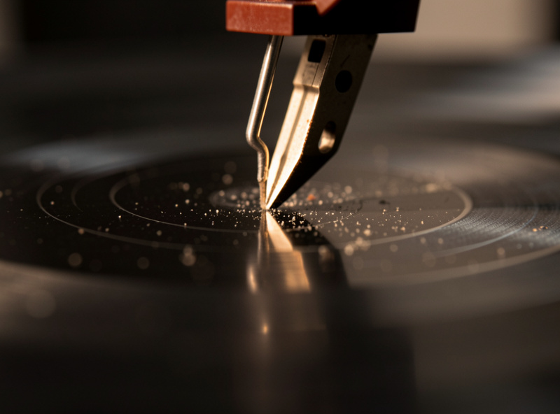 Stylus riding a record groove under raking light, dust visible on the surface