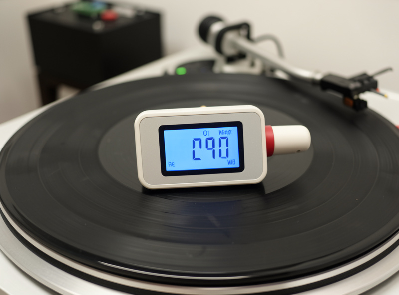 Digital stylus force gauge on a platter showing a tracking force reading