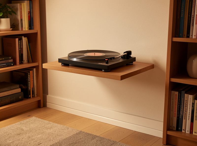 Turntable on a wall-mounted isolation shelf in a listening room