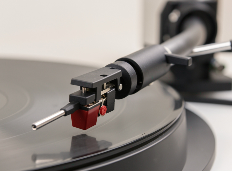 A replacement stylus being clipped onto a moving magnet cartridge body on a turntable