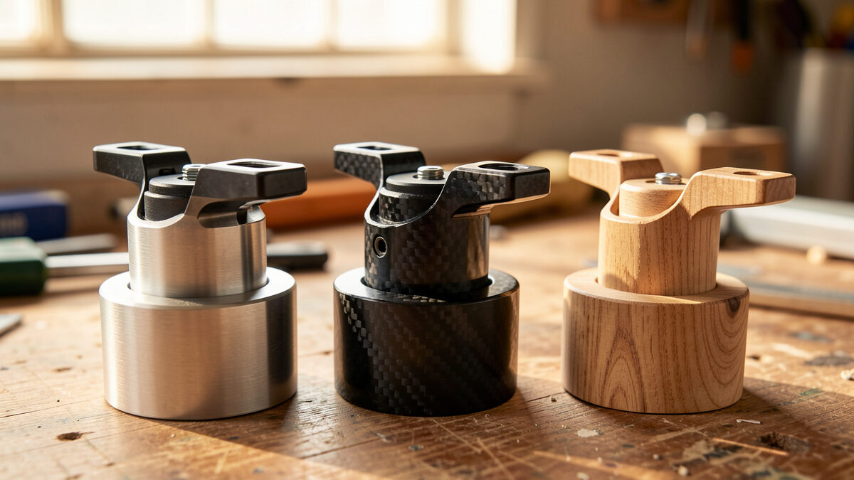 Aluminum, carbon fiber, and wood turntable headshells side by side on a workbench