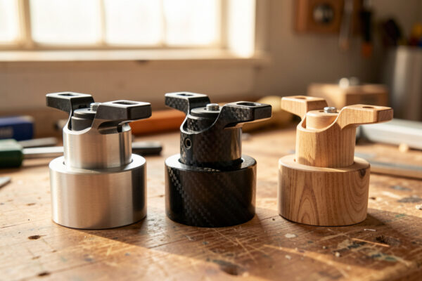 Aluminum, carbon fiber, and wood turntable headshells side by side on a workbench