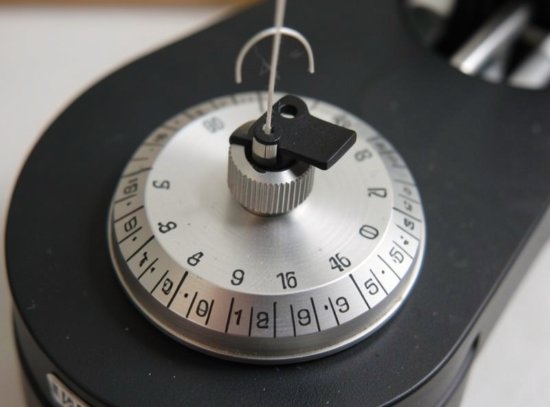 Close-up of a turntable anti-skate bias dial with numbered graduations and suspended weight