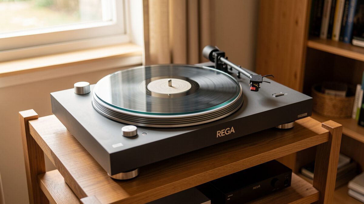 A Rega belt-drive turntable with a glass platter on a wooden rack in a warm listening room