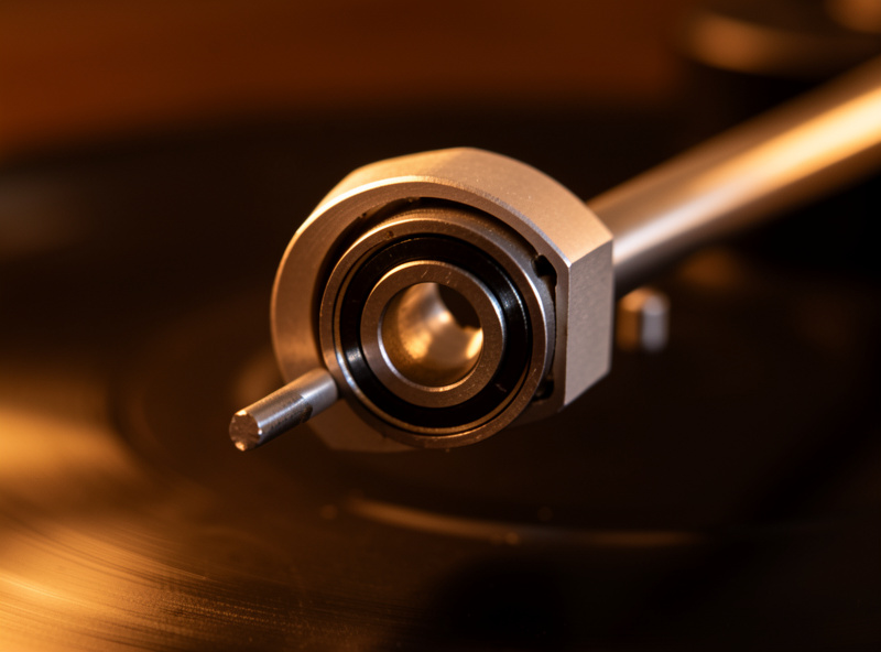 Extreme close-up of a precision one-piece cast aluminum tonearm bearing on a turntable