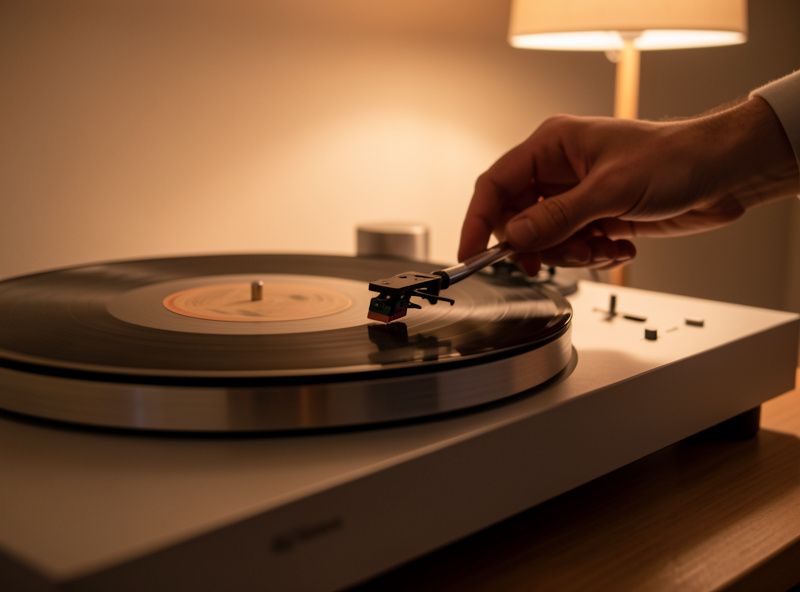 A hand cueing a tonearm onto a spinning record on a minimalist high-end turntable in warm lamplight
